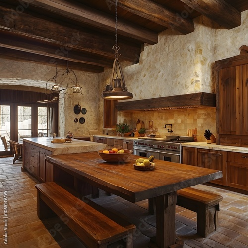 A rustic kitchen featuring wooden cabinets, stone countertops, and a large farmhouse table. The warm, earthy tones and traditional design elements create a welcoming and homey atmosphere. photo