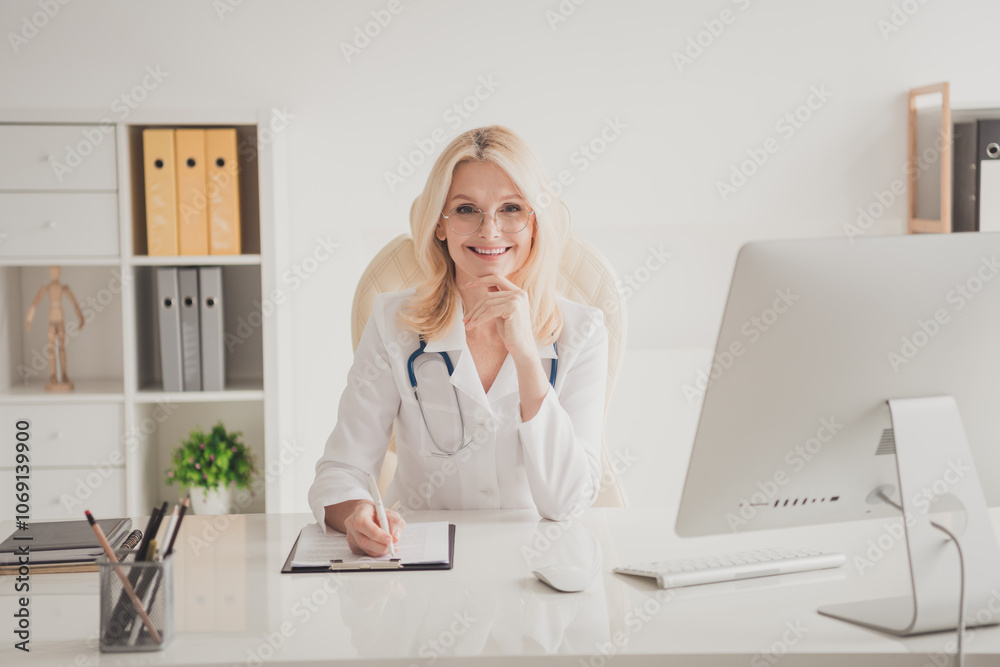 Mature female doctor in modern clinic office discussing patient care during consultation for health diagnostics Mature female doctor in modern clinic office discussing patient care during consultation for health diagnostics