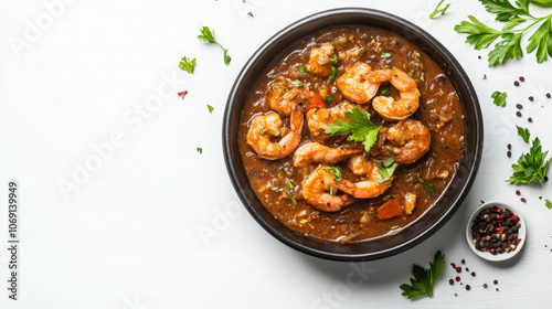 A bowl of shrimp in a savory sauce, garnished with herbs, on a clean background.