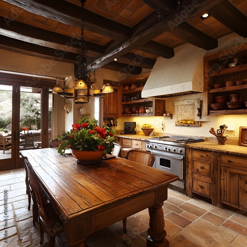 A rustic kitchen featuring wooden cabinets, stone countertops, and a large farmhouse table. The warm, earthy tones and traditional design elements create a welcoming and homey atmosphere. photo