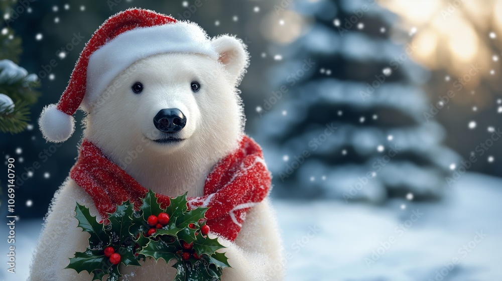 cute polar bear wearing Santa hat and red scarf at outdoor snow forest cute polar bear wearing Santa hat and red scarf at outdoor snow forest