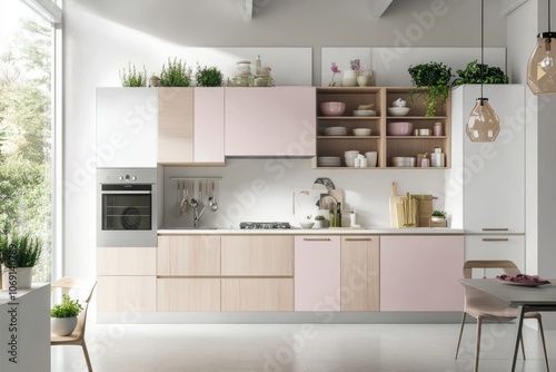 Modern kitchen interior with pink and wood cabinets, a window overlooking greenery, and a dining table with a chair