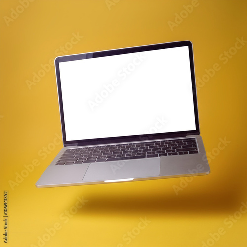 Laptop With white screen floating or flying isolated on yellow pastel background