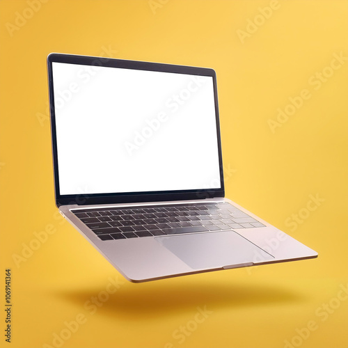 Laptop With white screen floating or flying isolated on yellow pastel background
