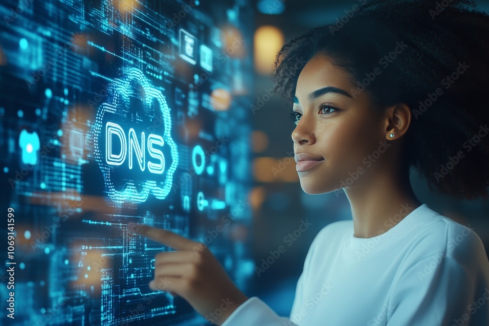 Woman interacting with holographic DNS cloud symbolizing digital networking domain systems and secure data management in an innovative tech environment Woman interacting with holographic DNS cloud symbolizing digital networking domain systems and secure data management in an innovative tech environment