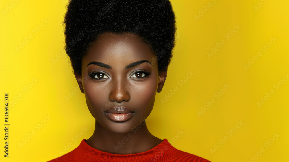 A woman with dark hair and brown eyes is standing in front of a yellow background. She has a natural, glowing look to her face, and her makeup is subtle and well-blended A woman with dark hair and brown eyes is standing in front of a yellow background. She has a natural, glowing look to her face, and her makeup is subtle and well-blended