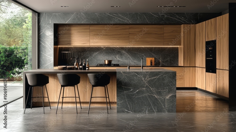 Modern kitchen island with black bar stools and marble countertops Modern kitchen island with black bar stools and marble countertops