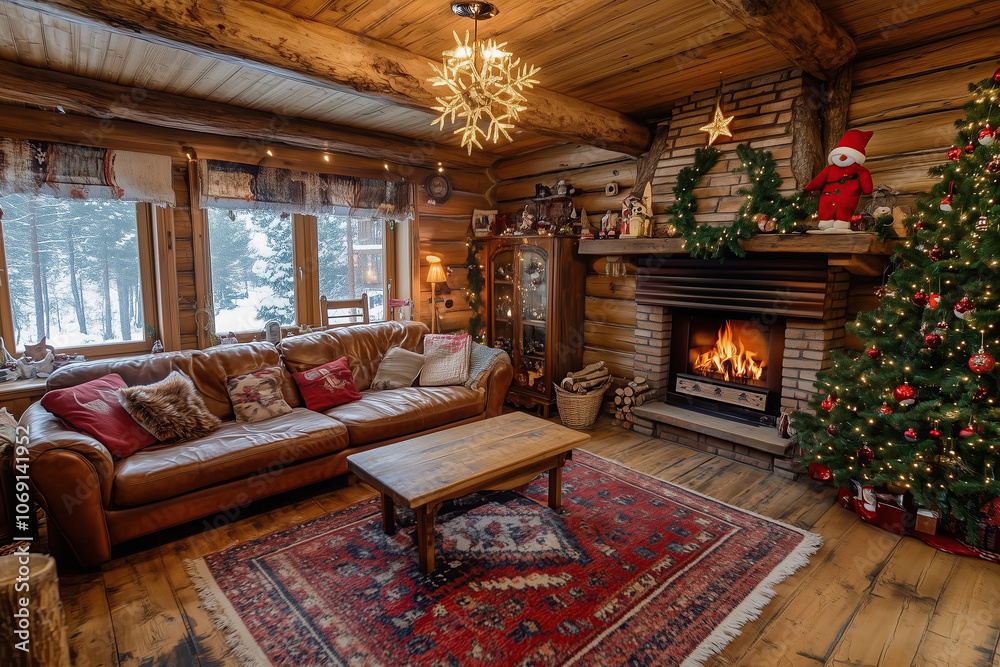 cozy log cabin interior with Christmas decorations, a large leather ...