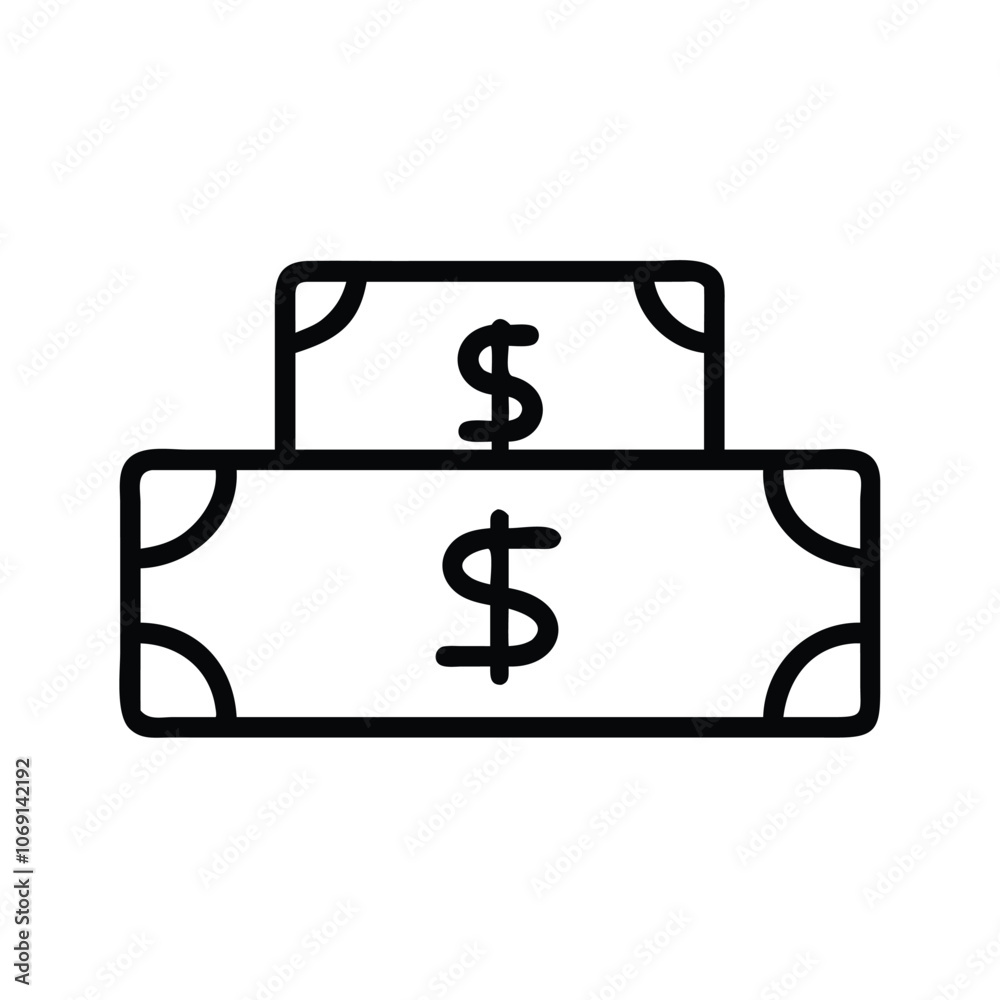 Stack of Dollar Bills Outline Icon, Simple black outline icon of a stack of dollar bills, symbolizing money, wealth, and financial transactions, suitable for finance and budgeting themes.
Stack of Dollar Bills Outline Icon, Simple black outline icon of a stack of dollar bills, symbolizing money, wealth, and financial transactions, suitable for finance and budgeting themes.
