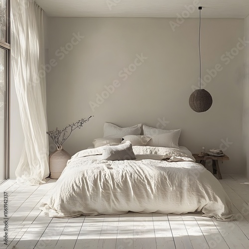 A serene bedroom characterized by neutral colors, soft bedding, and minimalist decor photo