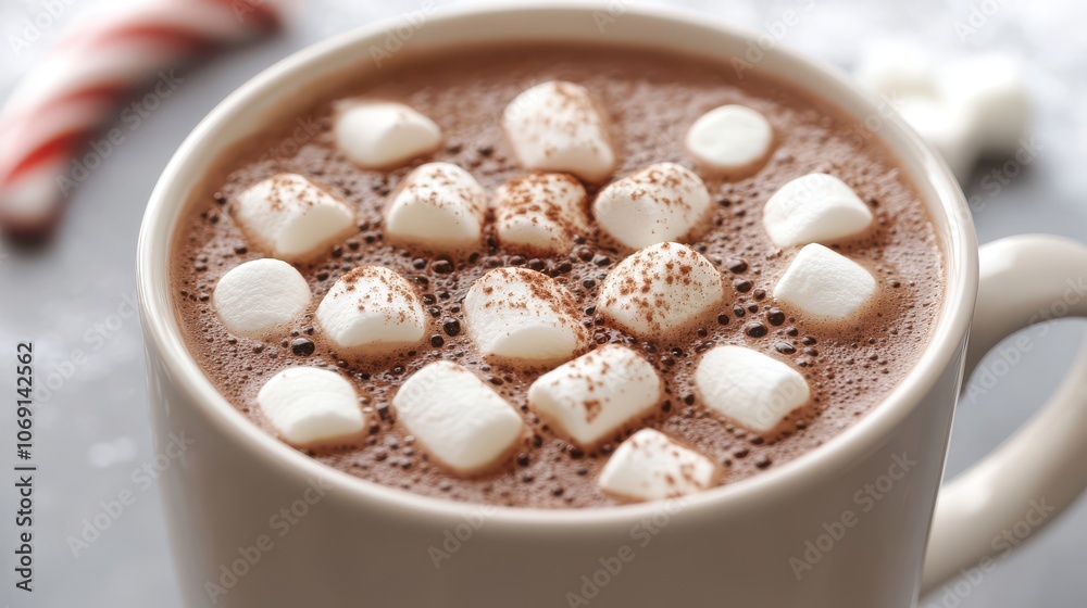 Cozy Mug of Hot Cocoa with Marshmallows in Winter Scene Cozy Mug of Hot Cocoa with Marshmallows in Winter Scene
