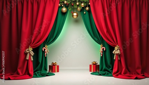 Christmas-themed photo booth setup with red and green drapes and golden baubles decorations, for festive Christmas and New Year's design, with copy space