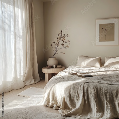 A serene bedroom with neutral colors, soft bedding, and minimalist decor, creating a calming and tranquil retreat. photo