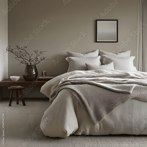 A serene bedroom characterized by neutral colors, soft bedding, and minimalist decor photo