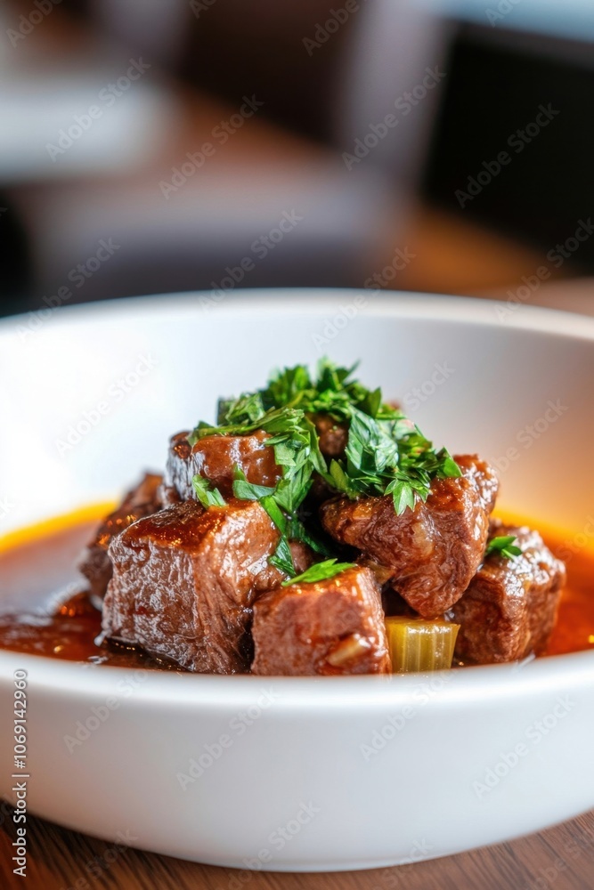 Delicious braised beef short ribs with fresh herbs in a white bowl Delicious braised beef short ribs with fresh herbs in a white bowl