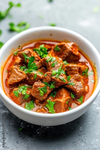 Delicious beef stew in a white bowl, garnished with fresh parsley