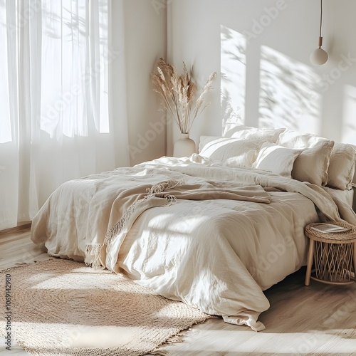 A serene bedroom with neutral colors, soft bedding, and minimalist decor, creating a calming and tranquil retreat. photo