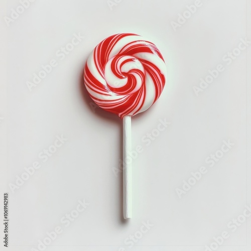 Vibrant red and white swirled lollipop on a white background