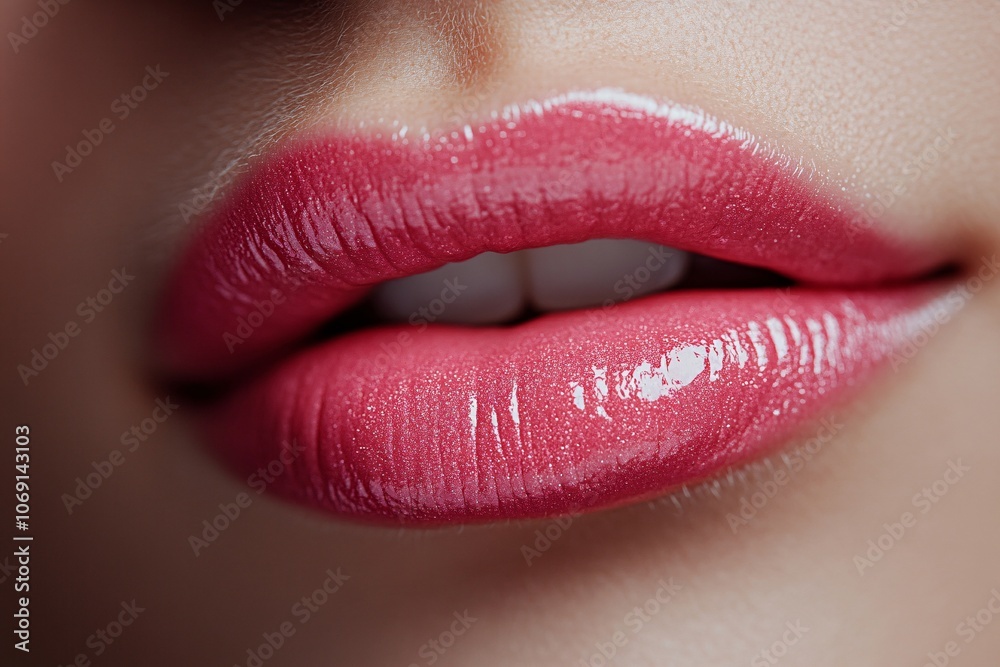 Close-up of glossy pink lips with a subtle shine against a soft pink background Close-up of glossy pink lips with a subtle shine against a soft pink background