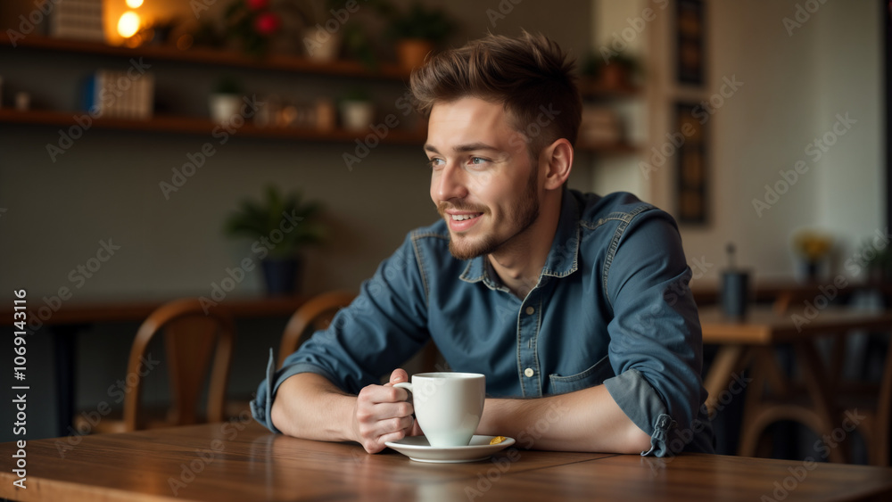 Thoughtful Conversation: A Young Man Enjoying Coffee at a Rustic Wooden Table Thoughtful Conversation: A Young Man Enjoying Coffee at a Rustic Wooden Table
