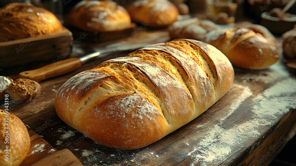 Artisan Bread and Baking Tools on Rustic Table: A Nostalgic Journey into Home Baking Artisan Bread and Baking Tools on Rustic Table: A Nostalgic Journey into Home Baking