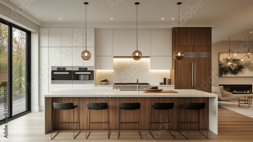 Modern Kitchen Interior with Island and Pendant Lighting