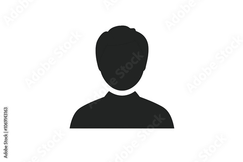 PNG cut out isolated background. A simple, minimalist icon representing a male user profile in a dark silhouette, featuring short hair and a plain V-neck shirt. 