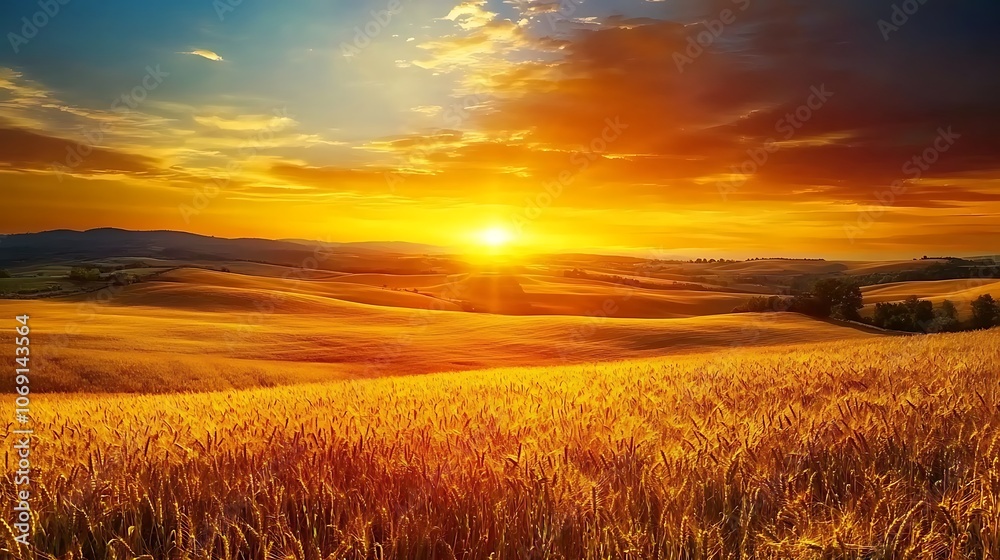 A vibrant sunset over a field of golden wheat, with rolling hills in the distance. A vibrant sunset over a field of golden wheat, with rolling hills in the distance.