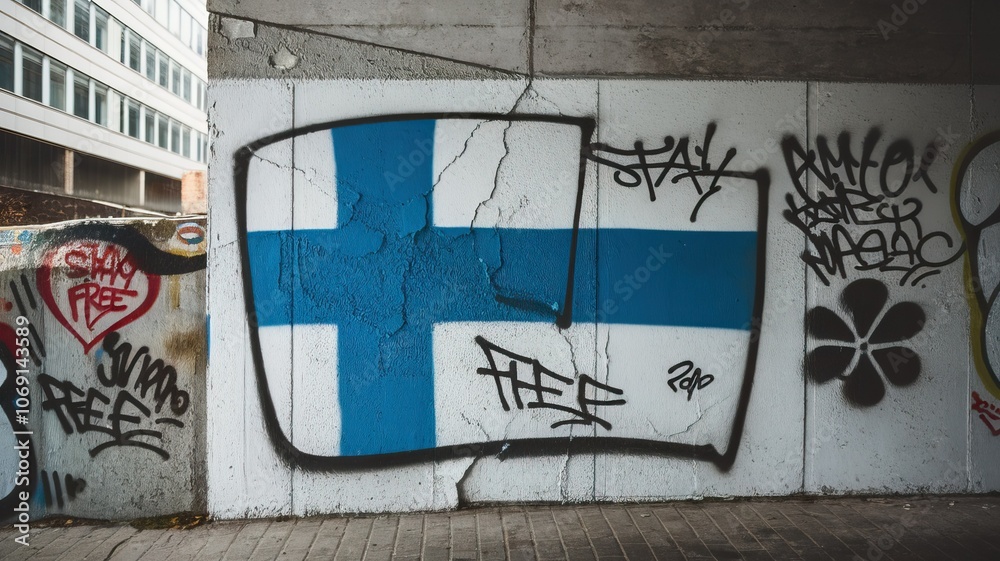 Fototapeta premium Urban graffiti of finnish flag on concrete wall celebrating finland independence day concept