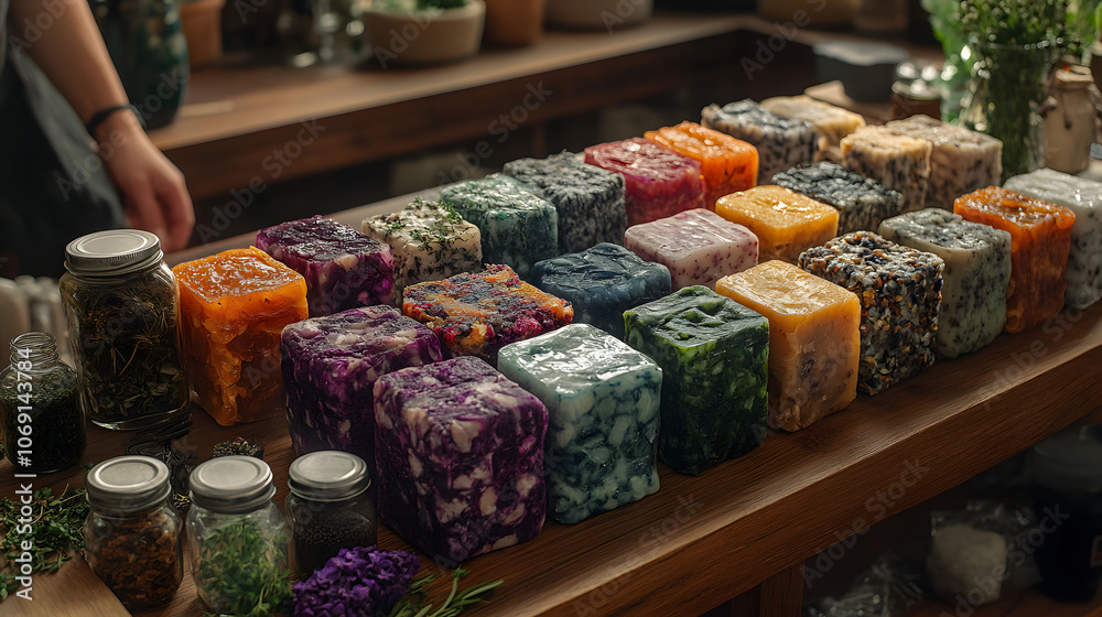 Artistic Arrangement of Handmade Beeswax Wraps with Natural Elements in a Stylish Kitchen Setting Artistic Arrangement of Handmade Beeswax Wraps with Natural Elements in a Stylish Kitchen Setting