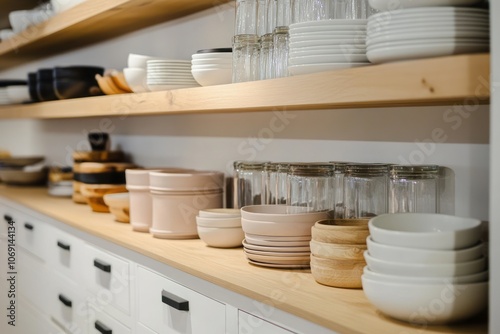 White Plates and Bowls Arranged on Wooden Shelves