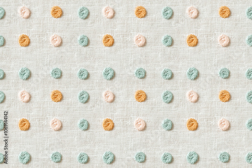 Polka dots seamless pattern. Textured embroidery on white linen with embroidered polka dots in soft pastel colors. Handmade style, cottagecore style.