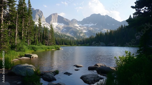 A serene mountain lake is framed by towering pine trees, with majestic snow-capped peaks rising in the background. The raw and tranquil scene captures the essence of untouched natural beauty. photo