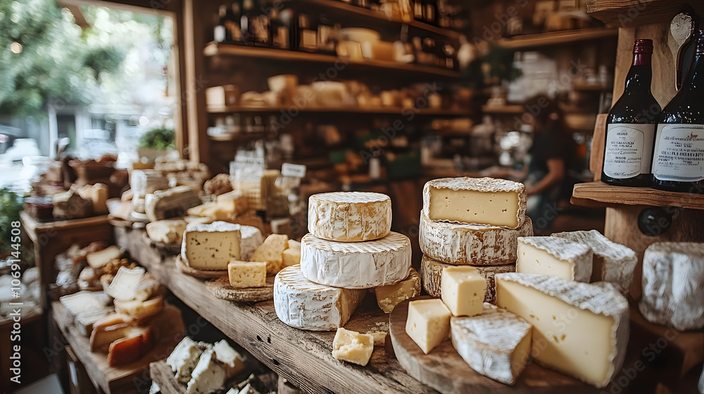Inside a Cozy Wooden Cheese Shop Showcasing Aged Goat Cheese Wheels and Welcoming Local Community Inside a Cozy Wooden Cheese Shop Showcasing Aged Goat Cheese Wheels and Welcoming Local Community