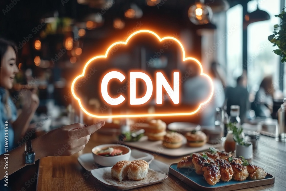 Fototapeta premium Glowing “CDN” cloud on dining table symbolizing content delivery network digital speed optimization and data caching for seamless media distribution in online environments