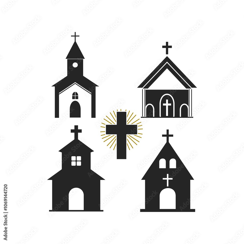 Set of vector icons of temples and churches isolated on white background. Set of vector icons of temples and churches isolated on white background.