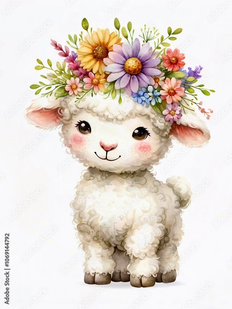 A lamb with wild flowers on its head. Watercolor illustration on a white background A lamb with wild flowers on its head. Watercolor illustration on a white background