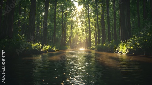 A serene river meanders through a dense forest, with sunlight dappling the water's surface, creating a peaceful and enchanting scene.