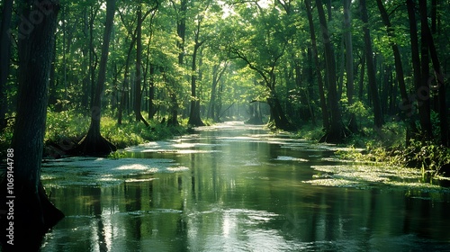 A serene river meanders through a dense forest, with sunlight dappling the water's surface, creating a peaceful and enchanting scene.