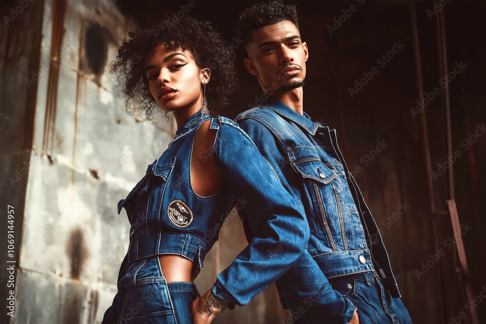 Editorial shot of a fashion-forward couple, one in a denim jumpsuit and the other in a fitted denim jacket with leather accents, industrial backdrop. Editorial shot of a fashion-forward couple, one in a denim jumpsuit and the other in a fitted denim jacket with leather accents, industrial backdrop.