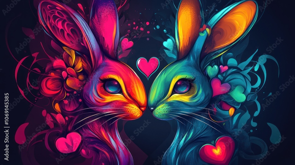 Obraz premium Two rabbits with hearts on their faces are hugging each other