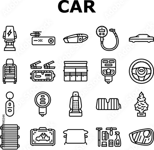 car accessories seat cover icons set vector. phone mount, dash cam, vacuum cleaner, tire pressure gauge, freshener car accessories seat cover black contour illustrations