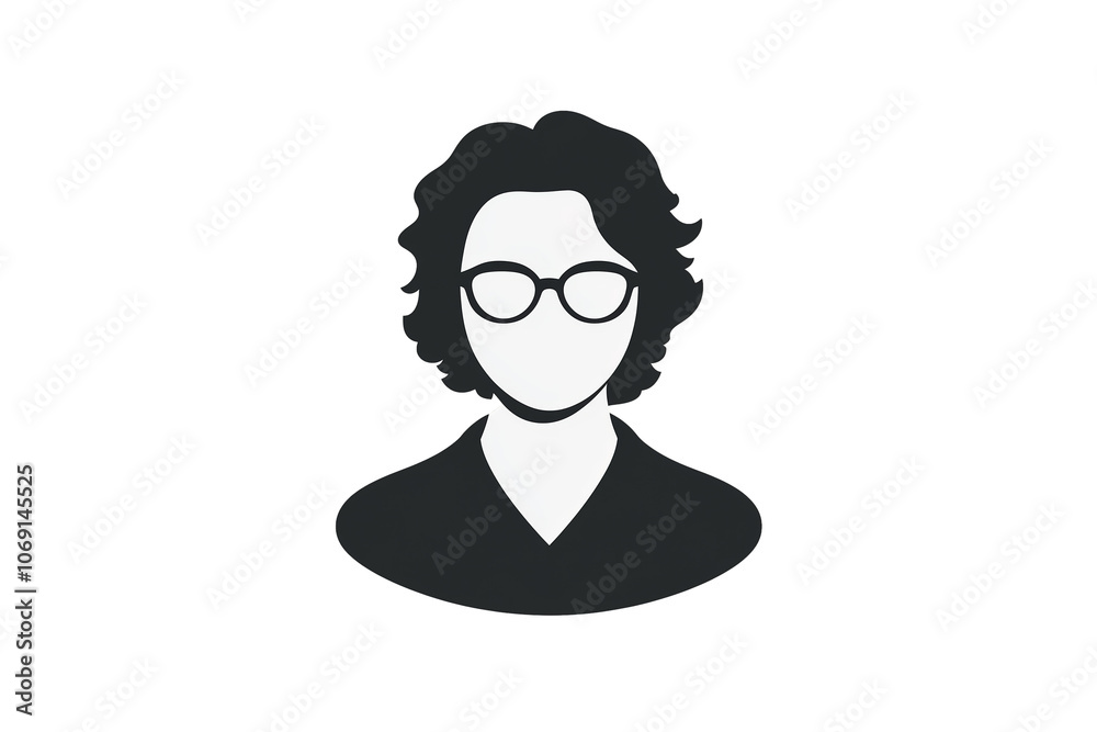 PNG cut out isolated background. A simple, minimalist icon representing a user profile with curly hair and glasses, ideal for representing an academic, teacher, or professional. PNG cut out isolated background. A simple, minimalist icon representing a user profile with curly hair and glasses, ideal for representing an academic, teacher, or professional.