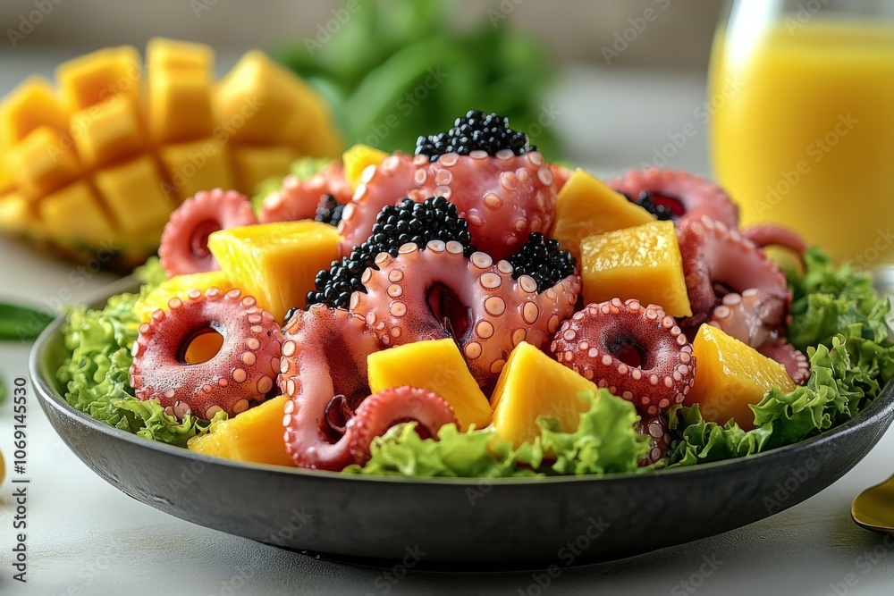Colorful seafood salad with octopus, mango, and caviar served on a white plate Colorful seafood salad with octopus, mango, and caviar served on a white plate