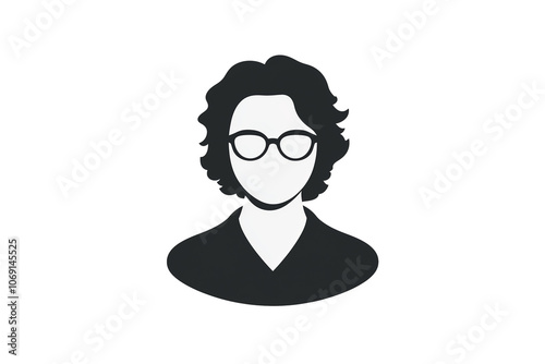 PNG cut out isolated background. A simple, minimalist icon representing a user profile with curly hair and glasses, ideal for representing an academic, teacher, or professional.