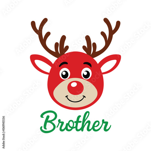 Cute Reindeer Family Vector with 'Brother' Typography - Festive Christmas Illustration for Holiday Cards and Decor