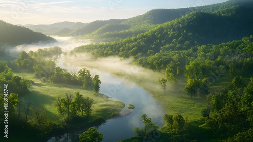 A serene river winding through a lush green valley, with mist rising gently from the water in the early morning light