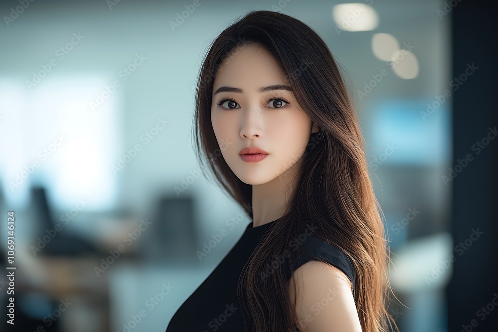 Fototapeta premium Young business woman standing in office, blurred background and copy space.