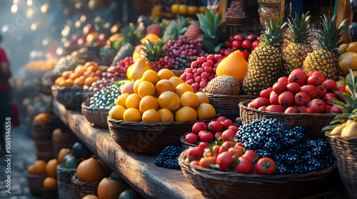 Exploring the Richness of Artisan Crafts and Fruits in a Market Scene Absent of People