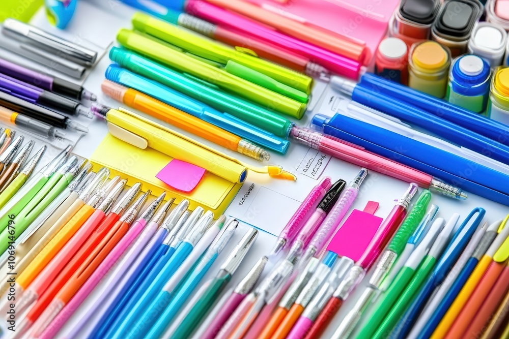 Vibrant organized marketing planning desk showcasing an array of colorful stationery items, including sticky notes, pens, and notebooks, arranged on a bright blue background to enhance creativity and Vibrant organized marketing planning desk showcasing an array of colorful stationery items, including sticky notes, pens, and notebooks, arranged on a bright blue background to enhance creativity and